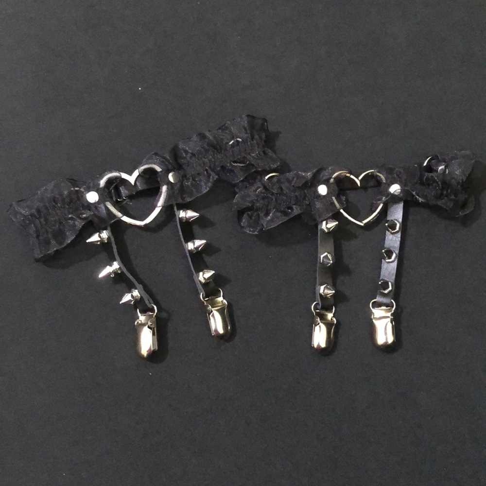 Pair Black Metal Heart Lace & Vegan Leather Leg Garter / Harness Festival Rave